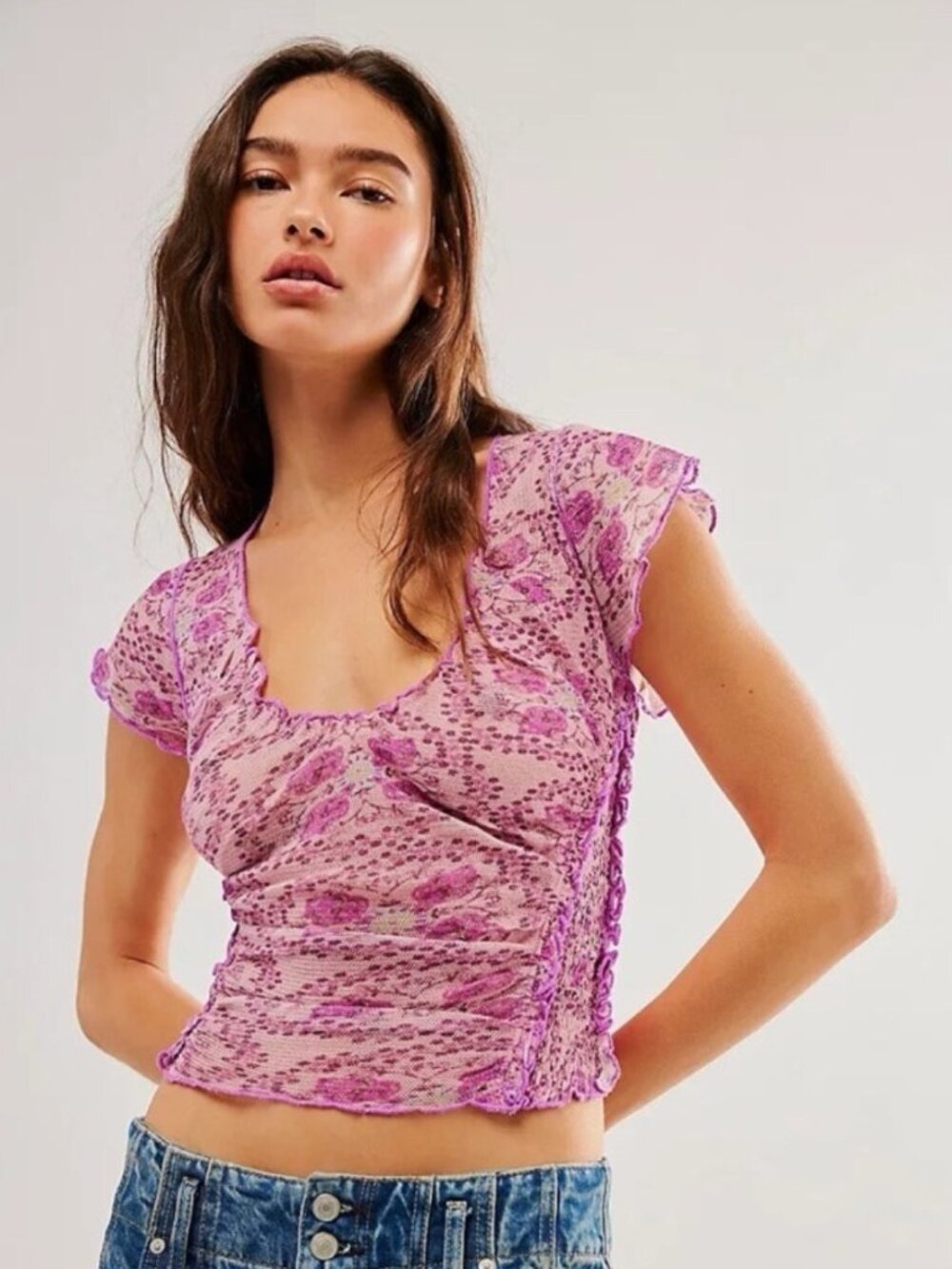 NEW Free People Oh My Baby Tee in Lilac Combo Fitted Cropped Scoop Neck